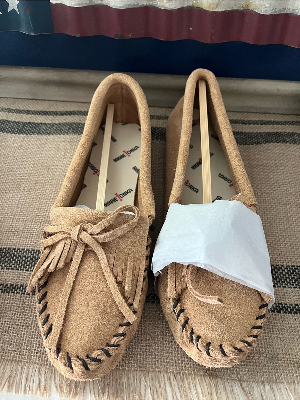 Minnetonka Tan Suede Fringe Moccasins with Bow